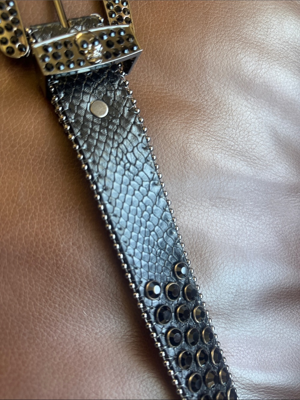 Studded Skull Rhinestone Belt with Decorative Buckle Western, Cowgirl, Gothic - Picture 6 of 9